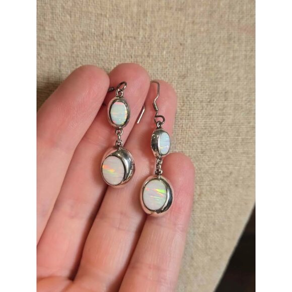 Mexico 950 Silver White Lab Opal Dangle Earrings - Picture 3 of 7